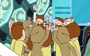 Evil Rick being killed by the Mortys.