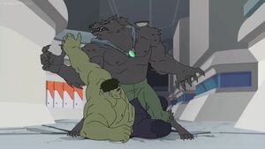 Man-Wolf fights Hulk.