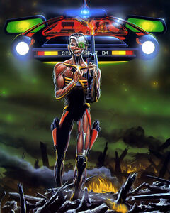 Cyborg Eddie on the "Somewhere in Time" tour poster. A spinner from Blade Runner flies behind him.