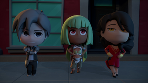 Emerald, Cinder, and Mercury wait for Jaune to fight them.