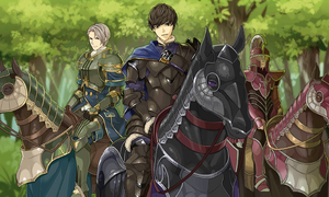 Fernand, Berkut, and a Rigelian cavalier at the Forest Crossroads.