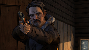 Carver holding a gun as he surveys the cabin.