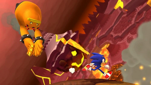 Zomom fighting Sonic in Lava Mountain Zone