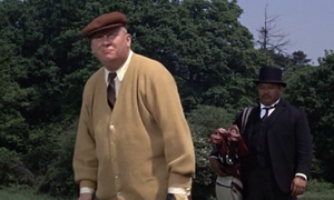 Goldfinger playing golf against Bond.