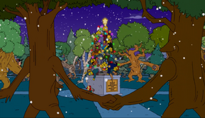 The trees, along with Bart's treehouse, dancing, with the dead bodies of the Springfield residents forming a Christmas tree.