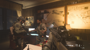 Hadir being cornered by Captain Price and Sergeant Garrick at the Barkov estate.