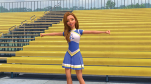 Audrey in her cheerleading outfit.