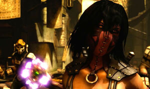 Mileena with Shinnok's amulet in the story mode of Mortal Kombat X.