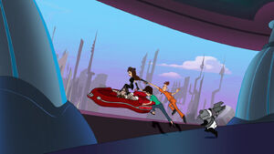 The Doofenshmirtz family (along with Pandaborg) escaping on a hover car.