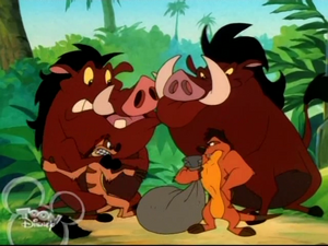 Pimon and Tumbaa stealing bugs from Timon and Pumbaa.