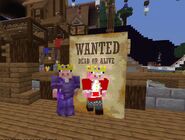 Technoblade posing with His Wanted Poster while sneaking into L'manberg (Note: he pretends to be in the poster but both Ranboo and Tubbo obviously noticed him)