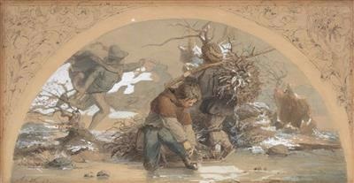 Three young hunters label QS:Len,"Three young hunters" 1862