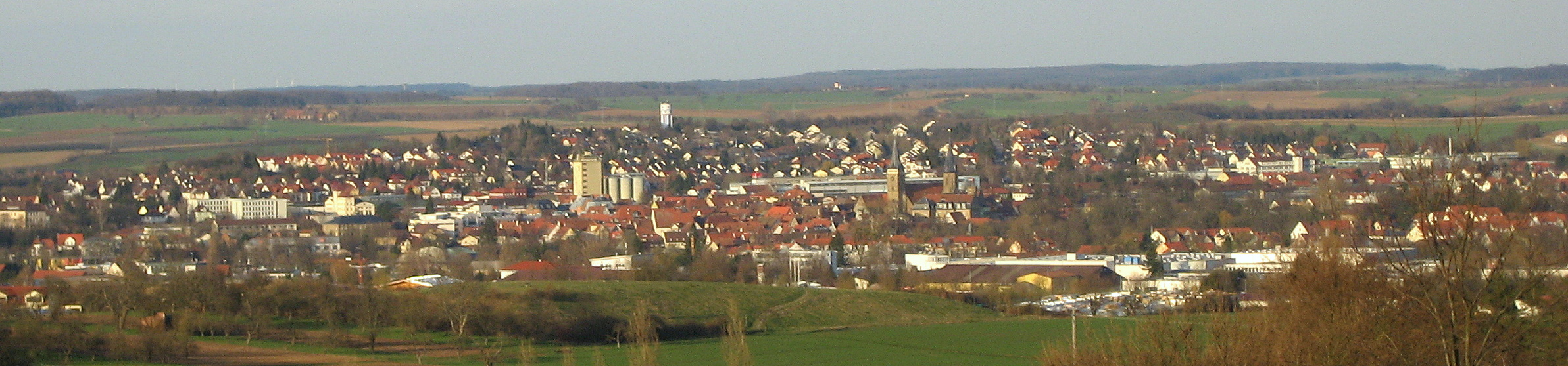 Ansicht von Westen; im Hintergrund die Hohenloher Ebene, rechts die Stiftskirche und das Schloss