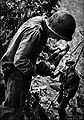 A U.S. soldier retrieves a living baby from a cave full of corpses. June 1944.