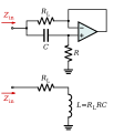 A circuit diagram of a gyrator made using an operational amplifier. A gyrator behaves like an inductor, without containing bulky, expensive and hard-to-manufacture inductive components.