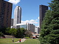 Duquesne University's view of the Pittsburgh skyline (prominently, the Mellon Building and the USX Tower)