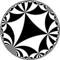 Tiling of hyperbolic plane by triangles: π/6, π/6, 0. Generated by Python code at User:Tamfang/programs.