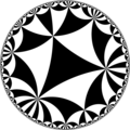 Tiling of hyperbolic plane by triangles: π/4, π/7, π/8. Generated by Python code at User:Tamfang/programs.