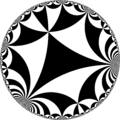 Tiling of the hyperbolic plane by triangles: π/4, 0, 0. Generated by Python code at User:Tamfang/programs.