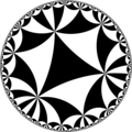 Tiling of the hyperbolic plane by triangles: π/5, π/6, π/7. Generated by Python code at User:Tamfang/programs.