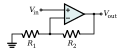 A circuit diagram of a non-inverting amplifier made using an operational amplifier. :'"`UNIQ--postMath-00000016-QINU`"'