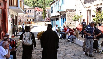 Walking on the street of Karyes; Mount Athos is notable for its lack of motorized traffic