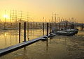 Der Niederhafen im Winter, rechts im Bild die Überseebrücke