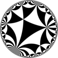 Tiling of hyperbolic plane by triangles: π/3, π/7, 0. Generated by Python code at User:Tamfang/programs.