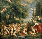 Paraphrasing Titian. The Worship of Venus label QS:Lsv,"Offer till Venus" label QS:Lpl,"Uwielbienie Wenus" label QS:Len,"The Worship of Venus" label QS:Lnl,"De aanbidding van Venus" . 1592–1640. oil on canvas medium QS:P186,Q296955;P186,Q12321255,P518,Q861259 . 195 × 210 cm (76.7 × 82.6 in). Stockholm, Nationalmuseum.