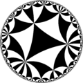 Tiling of the hyperbolic plane by triangles: π/4, π/7, π/7. Generated by Python code at User:Tamfang/programs.