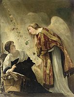 The Annunciation by Gabriel to the Virgin of her coming death. between 1620 and 1669 date QS:P,+1650-00-00T00:00:00Z/7,P1319,+1620-00-00T00:00:00Z/9,P1326,+1669-00-00T00:00:00Z/9 . oil on canvas medium QS:P186,Q296955;P186,Q12321255,P518,Q861259 . 197.7 × 152 cm (77.8 × 59.8 in). Ottawa, National Gallery of Canada.