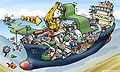 Cutaway illustration of a ship, harvesting and processing sea weed.