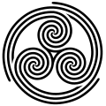 Elaborate "wheeled" triskelion with three threefold spirals