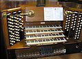 The 4-manual organ console in St. Mary Redcliffe church, Bristol, England