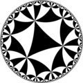 Tiling of the hyperbolic plane by triangles: π/5, π/5, π/5 Generated by Python code at User:Tamfang/programs.