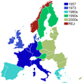 Map of EU expansions in groups for en:Enlargement of the European Union