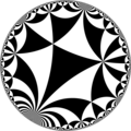 Tiling of hyperbolic plane by triangles: π/3, π/6, 0. Generated by Python code at User:Tamfang/programs.