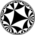 Tiling of hyperbolic plane by triangles: π/4, π/8, π/8. Generated by Python code at User:Tamfang/programs.