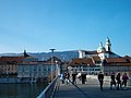 The old city of Solothurn, and Weissenstein mountain, seen from the Kreuzacker bridge (crossing the river Aare), March 19, 2005.