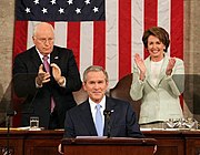 President George W. Bush receives applause while delivering the State of the Union address at the U.S. Capitol, Tuesday, Jan. 23, 2007. Also pictured are Vice President Dick Cheney and Speaker of the House Nancy Pelosi (23 January 2007)