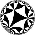 Tiling of hyperbolic plane by triangles: π/4, π/6, 0. Generated by Python code at User:Tamfang/programs.