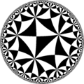 Tiling of the hyperbolic plane by triangles: π/2, π/6, π/6 Generated by Python code at User:Tamfang/programs.