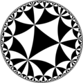 Tiling of the hyperbolic plane by triangles: π/4, π/4, π/6 Generated by Python code at User:Tamfang/programs.