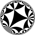 Tiling of hyperbolic plane by triangles: π/4, π/7, 0. Generated by Python code at User:Tamfang/programs.