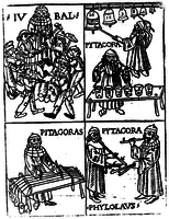 Woodcut showing Pythagoras with bells, a kind of glass harmonica, a monochord and (organ?) pipes in Pythagorean tuning. From Theorica musicae by Franchino Gaffurio, 1492