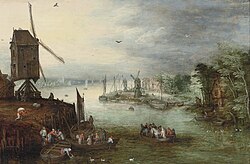 River landscape with windmills and ships 1600