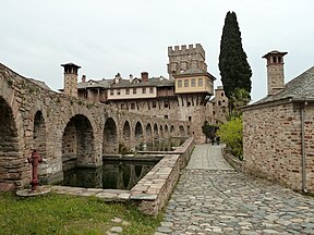 Interior and Roman aqueduct of Stavronikita Monastery