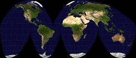 This is a Goode homolosine projection (sub-style of Mollweide projection), it sacrefice same aspect than Mollweide ones. (See more: Goode homolosine projection)