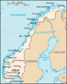 Map of the mainland of Norway with Norwegian caption