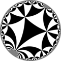 Tiling of hyperbolic plane by triangles: π/4, π/5, 0. Generated by Python code at User:Tamfang/programs.